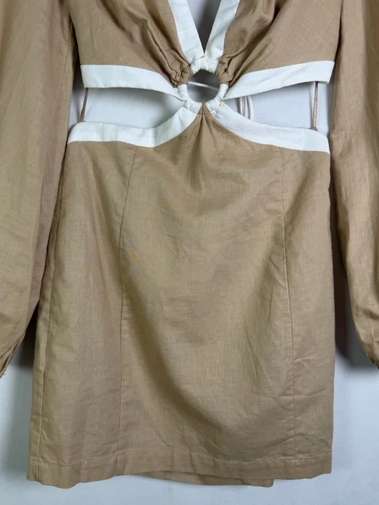 Petal + Pup Women’s Linen Blend Cutout Dress Beige White Tie Back Coastal Sz XS - Picture 5 of 13